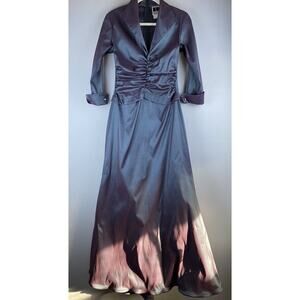 Vtg Tadashi Sz 4 Ruched Collared V Neck 3/4 Sleeve Jewel Cuff Full Shimmer Gown